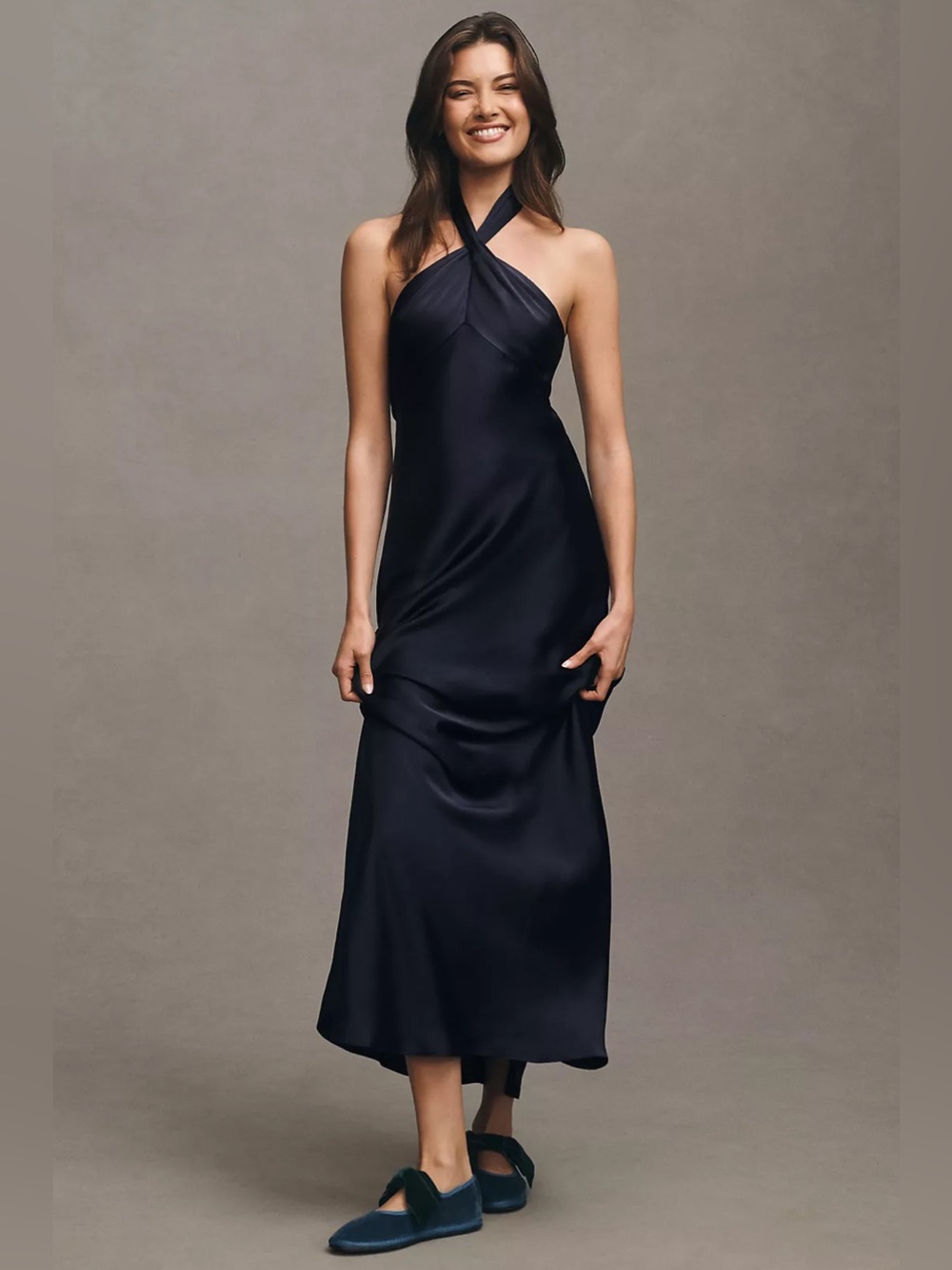 BHLDN Anthropologie Navy Halter Satin Maxi Dress